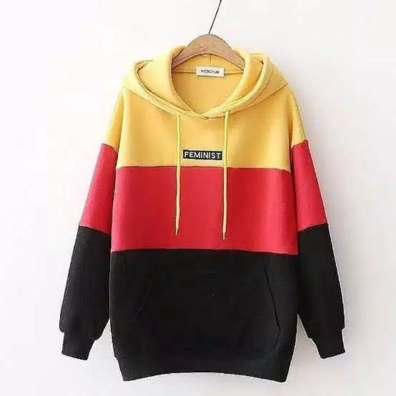 Sweater Hoodie cewek cowok sweater kombinasi warna KUNING MERAH HITAM seri SHM01