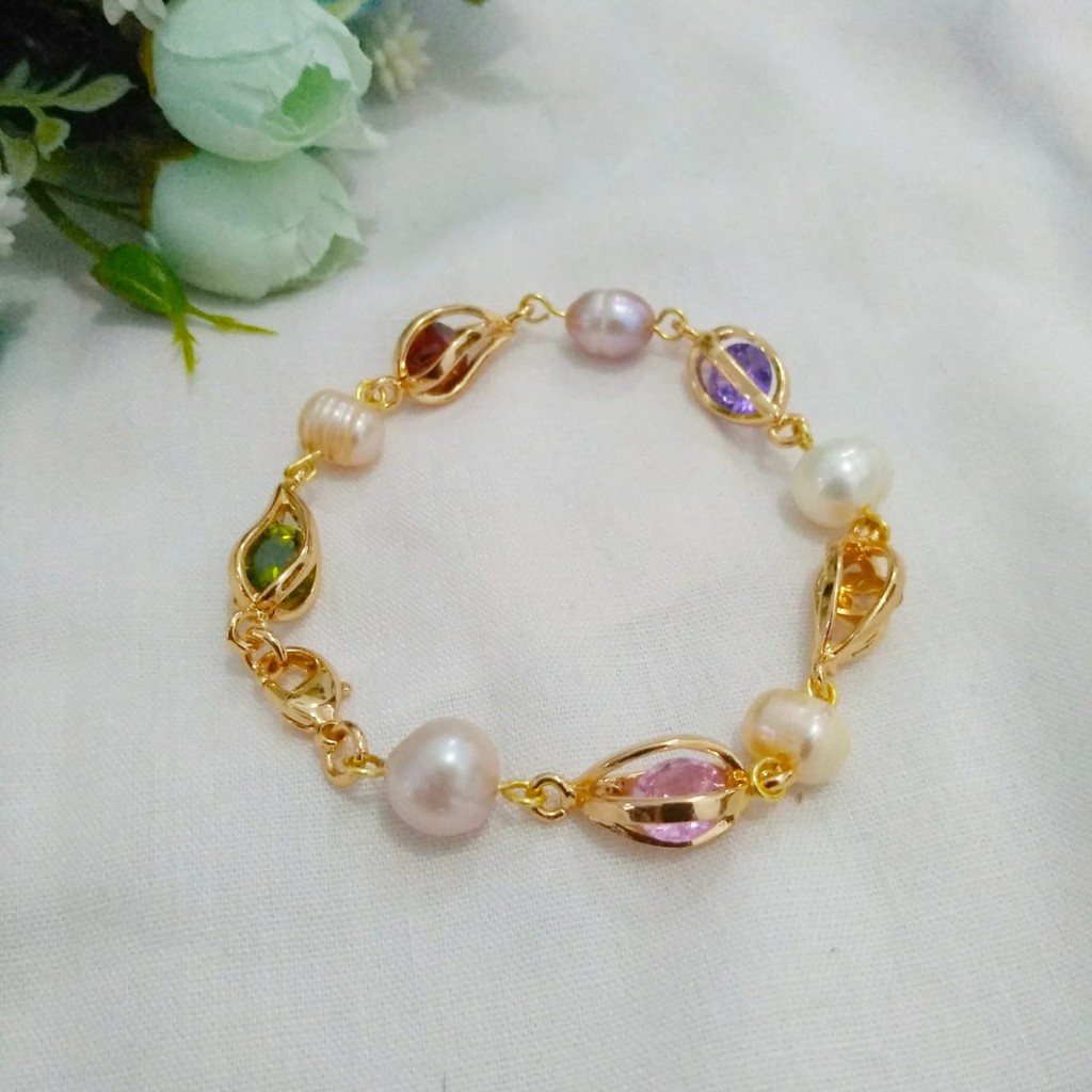 Gelang Mutiara Air Tawar Asli Lombok rangka rhodium lapis emas 18k GHJ920-3