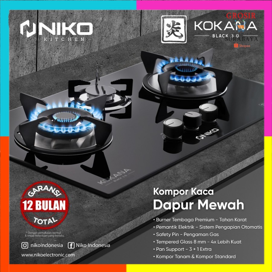 KOMPOR NIKO KOKANA BLACK 3 TUNGKU / kompor Gas Kaca Tanam Niko Kokana Black 3 tungku