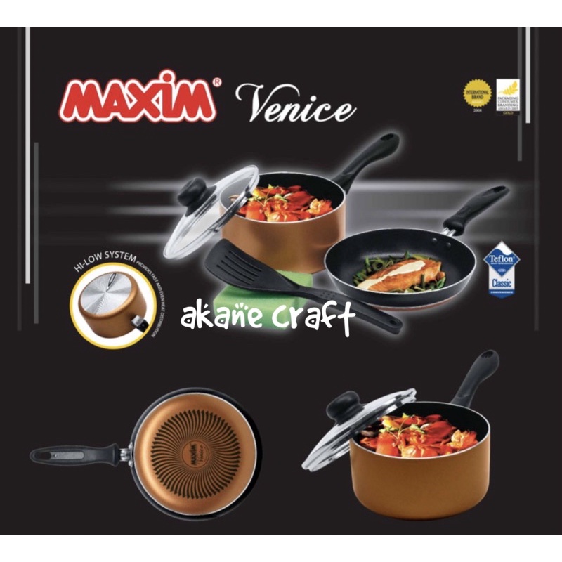 MAXIM VENICE SET WAJAN PANCI PENGGORENGAN TEFLON TUTUP KACA SPATULA SPON