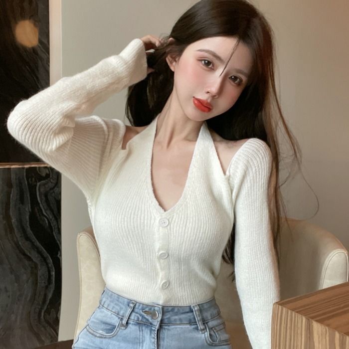 Suhao Tik Baru Musim GugurTok Pop Pakaian Murni Keinginan Leher Off-shoulder Lengan Panjang V-Neck Knit Spice Girl Top