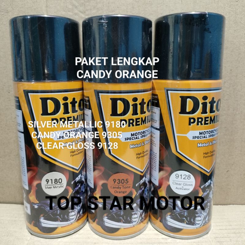 Pilok Paket Lengkap Cat Diton Premium Silver Metallic 9180 Candy Tone Orange 9305 Clear Gloss 9128 400cc.. Pilok Paketan Candy Tone Orange Cat Semprot Diton Premium 400cc