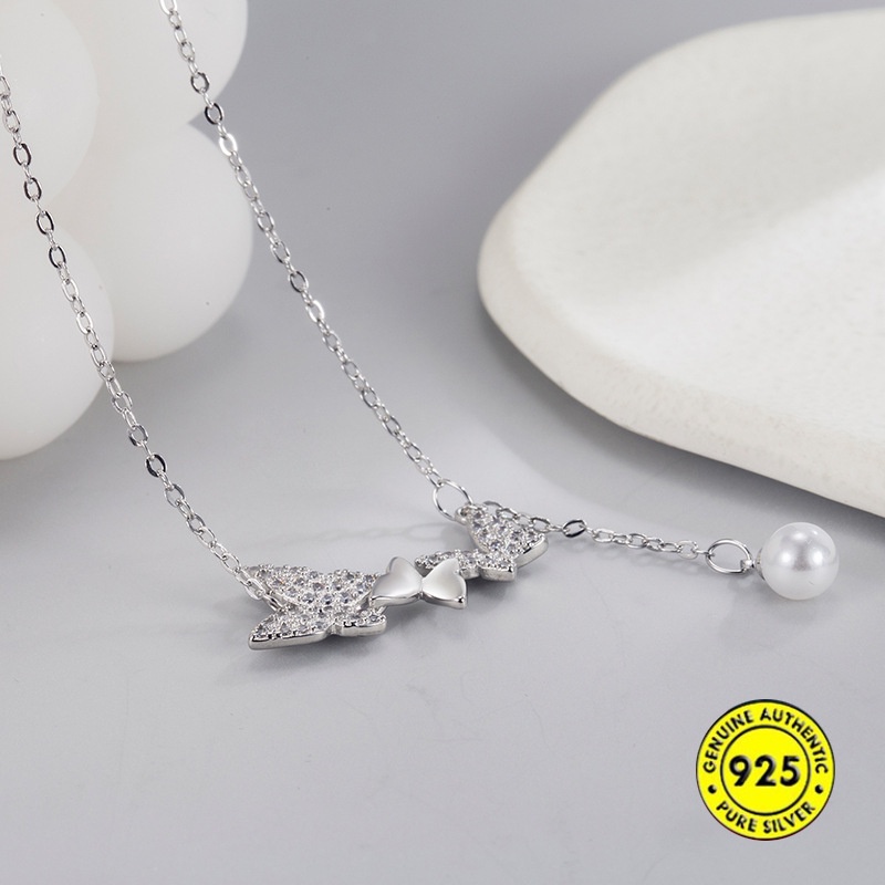 Kalung Rantai Sterling Silver 925 Dengan Liontin Kupu-Kupu + Mutiara + Berlian Untuk Wanita