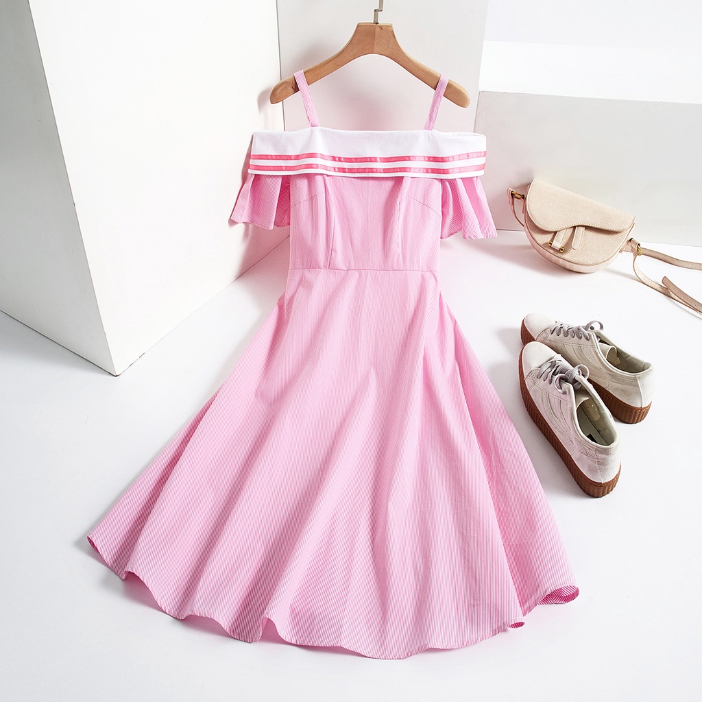 Baju Dress Midi Panjang Pink Putih Cerah Garis-Garis Merah Santai Katun Lengan Pendek Wanita Dewasa