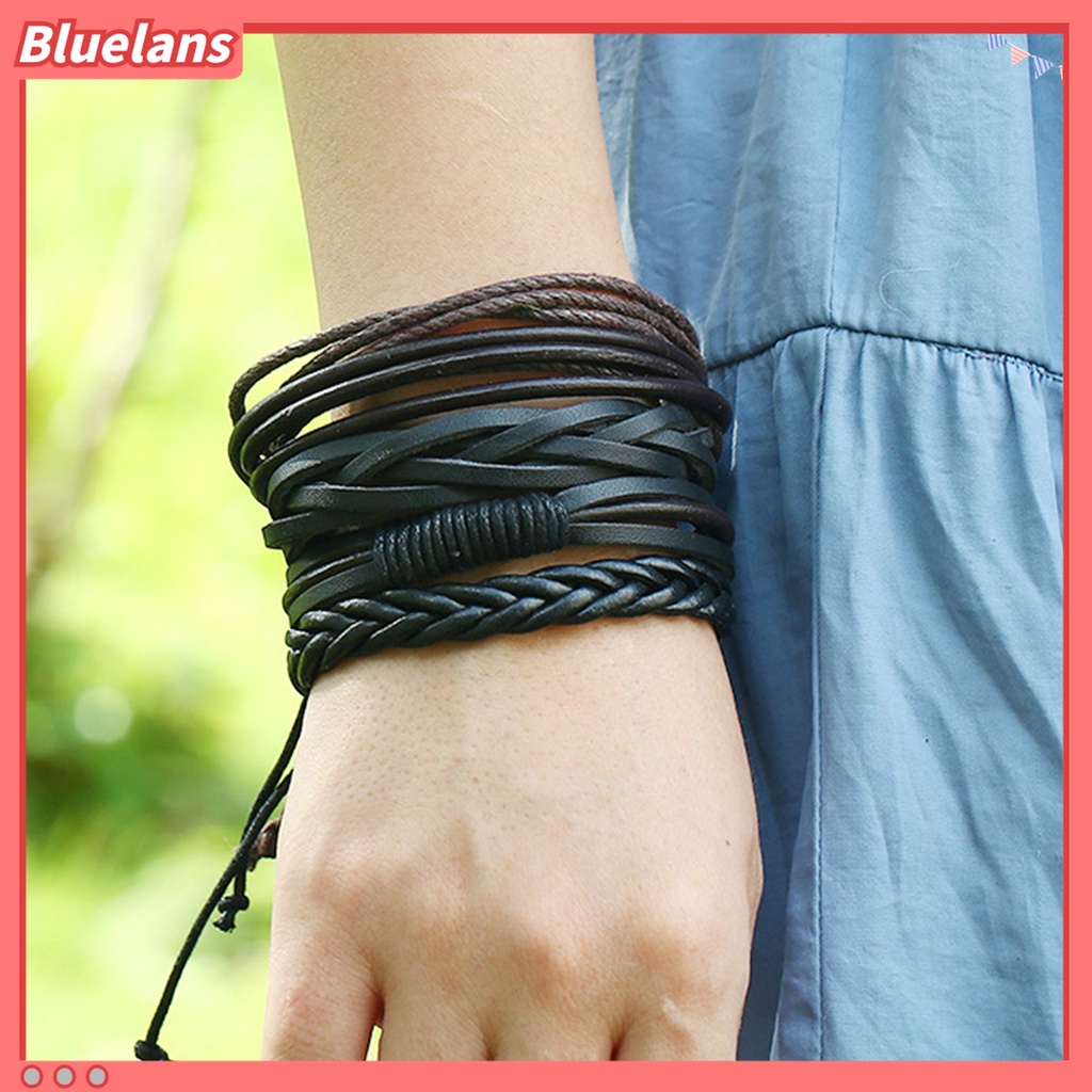 4pcs / Set Gelang Tali Kepang Multilayer Adjustable Handmade Bahan Kulit Imitasi Untuk Unisex