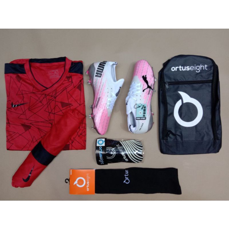 PAKET KOMPLIT Sepatu Bola Puma Ultra Putih Pink Kualitas Komponen Ori