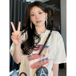 EUNII T-shirt Lengan Pendek Gradien Coretan Pencetakan Longgar Korean Style /Kaos Atasan Wanita/Baju Kaus Oversize Wanita