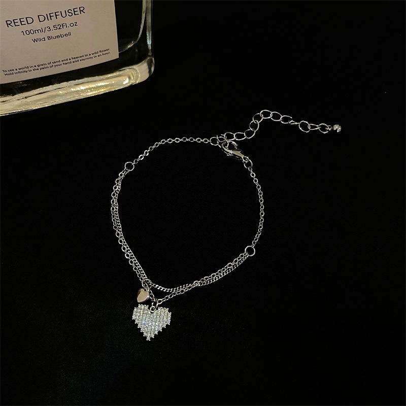 Gelang 925 Silver Double Layer Bentuk Hati Aksen Berlian Imitasi Untuk Wanita