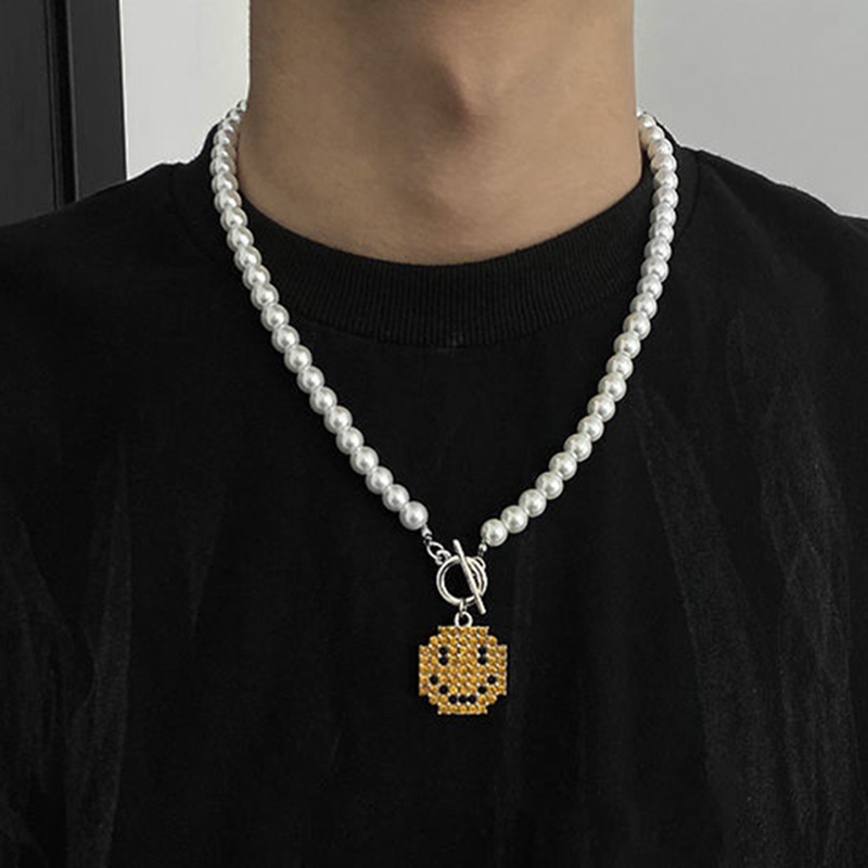 2022 Kalung Rantai Dengan Liontin Mosaik Smiley Face Gaya Hip Hop Untuk Pria / Wanita