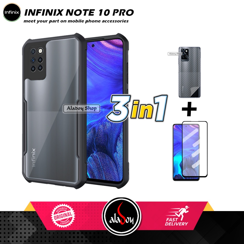 Case Infinix Note 10 Pro Armor Fushion Transparent Casing + Tempered Glass Full Layar dan Skin Carbon