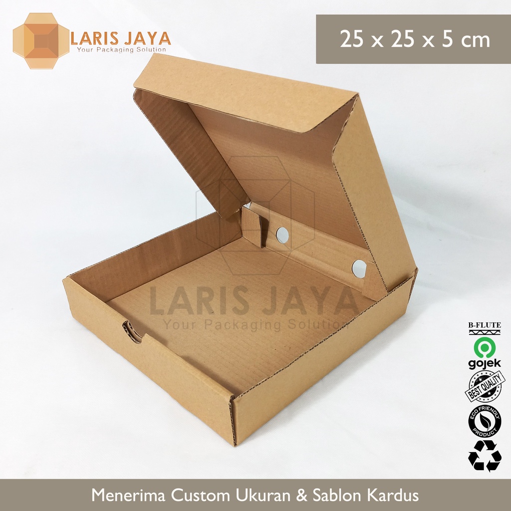 

Kardus Corrugated 25 x 25 x 5 cm Die Cut Dus Pizza Dus Hampers Gift Box Kaos Brownis 25x25x5 ( Kardus Pizza Coklat 25 x 25 x 5 cm )