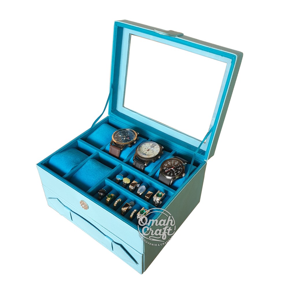 LARGE SIZE - Tempat Jam Tangan isi 6 JUMBo + Perhiasan / Box Kotak Jam Tangan Warna BIRU MUDA