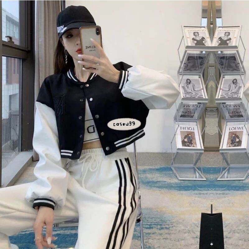 Jaket baseball crop wanita varsity jaket// jaket korean style ullzang crop cropped croppe jacket baseball gratis pop socket// freebies KPop