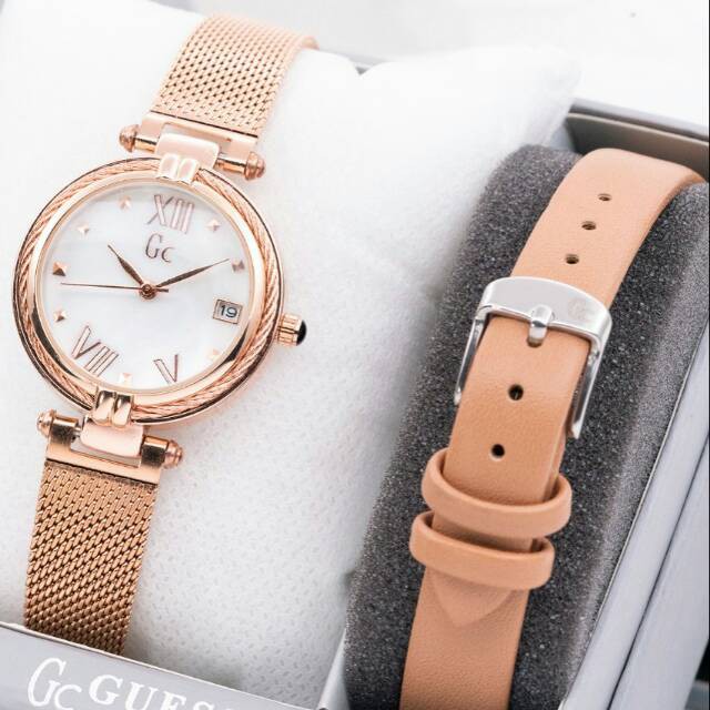 COD - JAM TANGAN FASHION WANITA GC 9585 TANGGAL AKTIF TALI RANTAI FREE TALI KULIT + BOX ORIGINAL