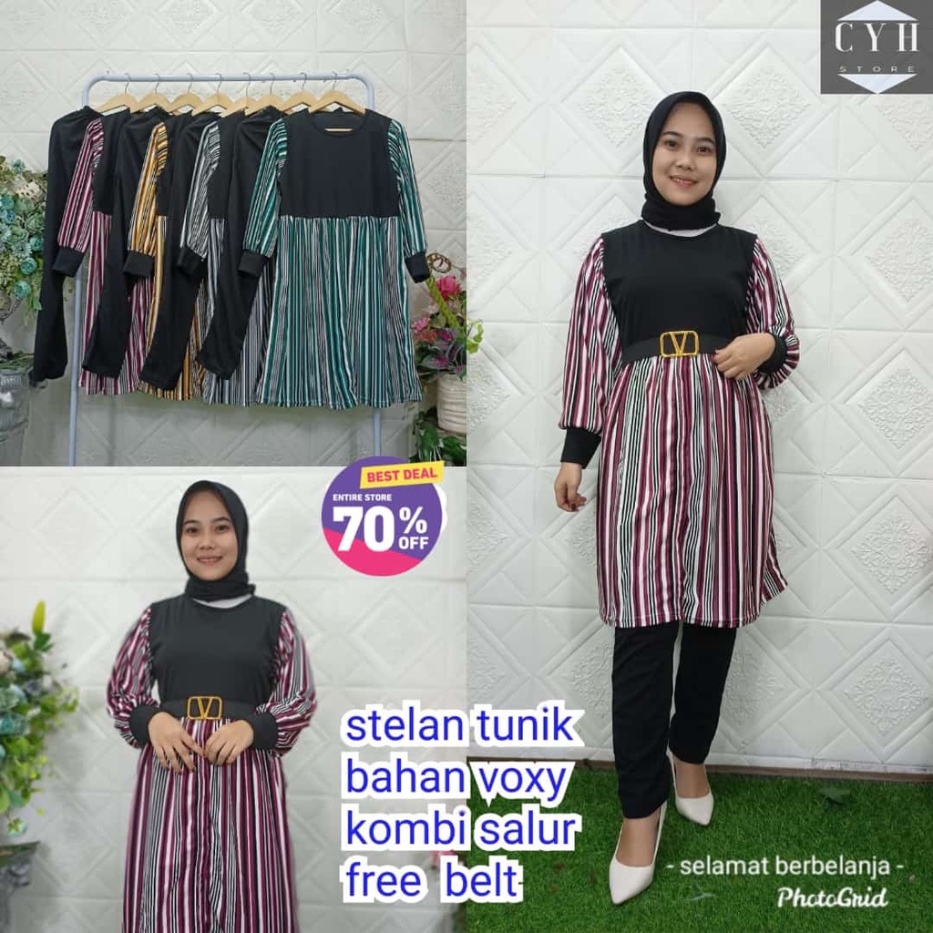 SETELAN TUNIK KOMBI SALUR FREE BELT BAHAN VOXY / FASHION PAKAIAN WANITA KEKINIAN