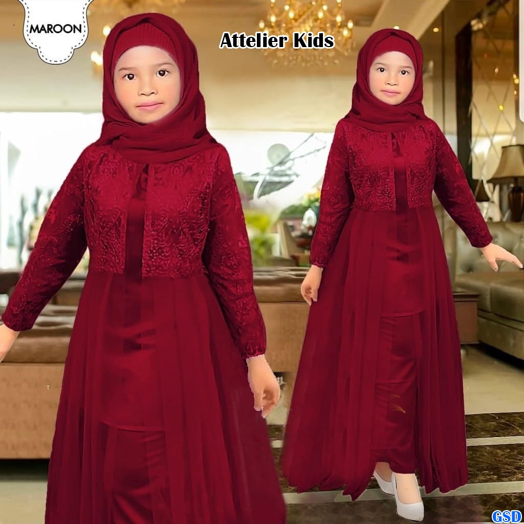 Attelier kids /Promo Baju Muslim Anak Murah/Maxi Dress/Long Dress Muslim/ Gamis Brukat Anak Usia 4-6 Thn Qood Quality