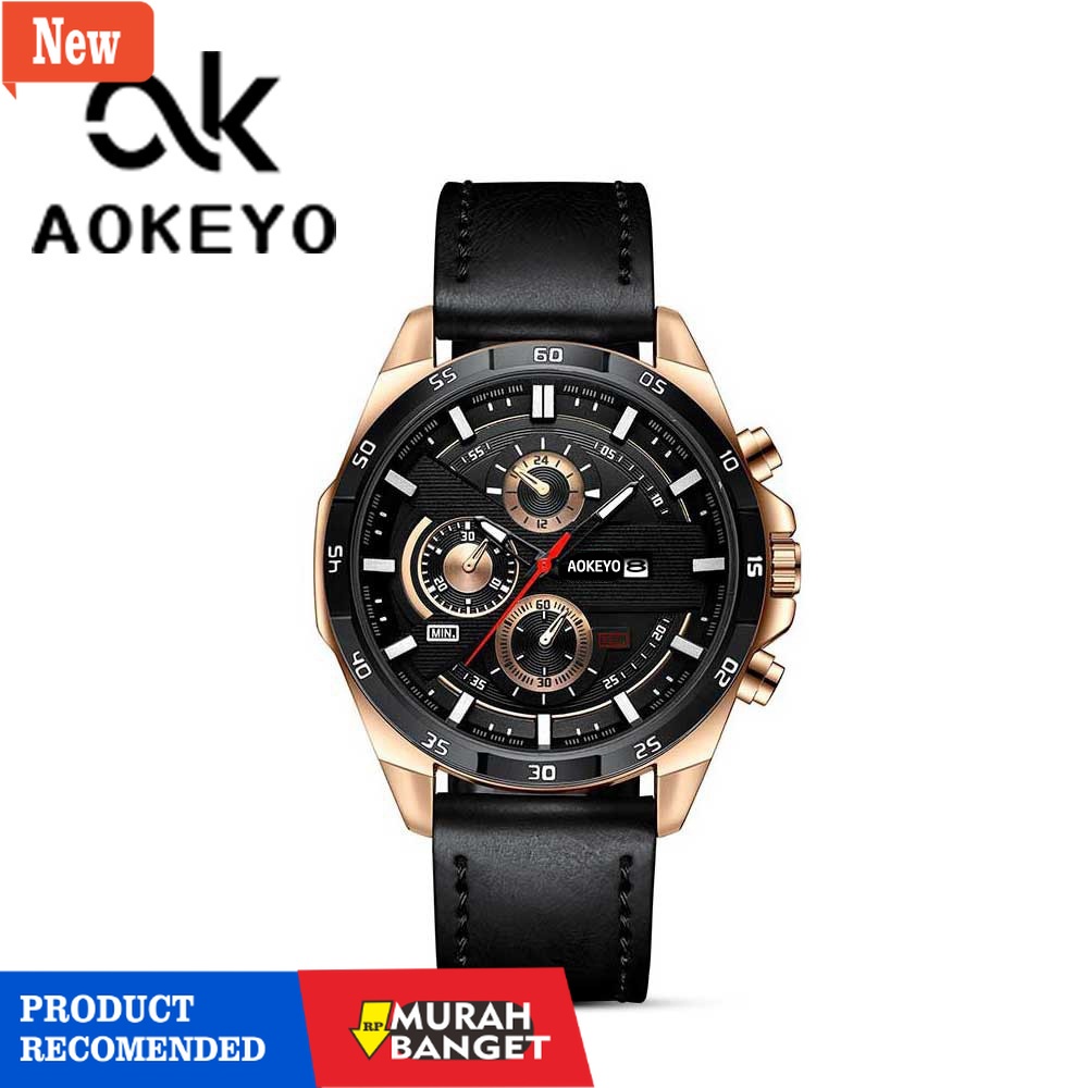 Jam tangan analog pria terbaik- Aokeyo 216 Jam Tangan Pria Kulit Anti Air Original（Free Kartu）