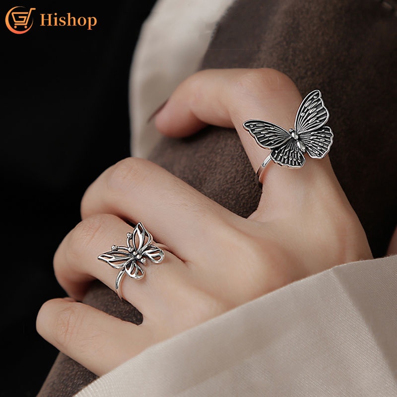 Set Cincin Model Terbuka Desain Kupu-Kupu Hollow Warna Silver Gaya Korea Untuk Wanita