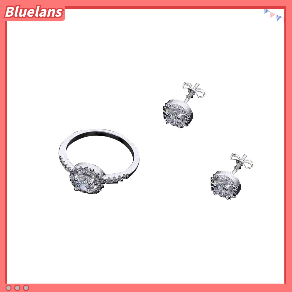 Set Perhiasan Kalung Cincin Anting Stud Zircon Bulat Model Terbuka Untuk Pesta Wanita