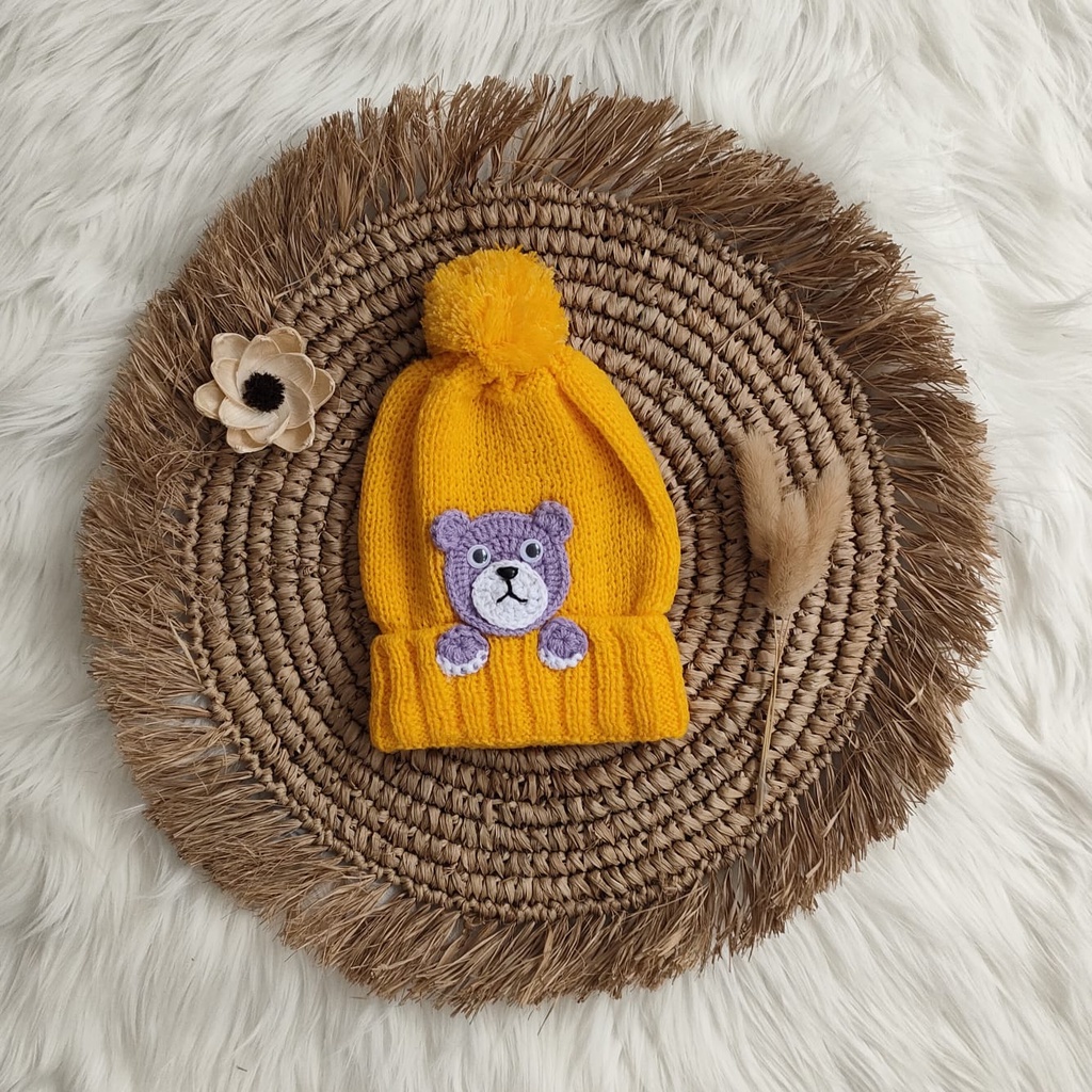 Topi rajut bayi pompom motif bear 0-24bulan