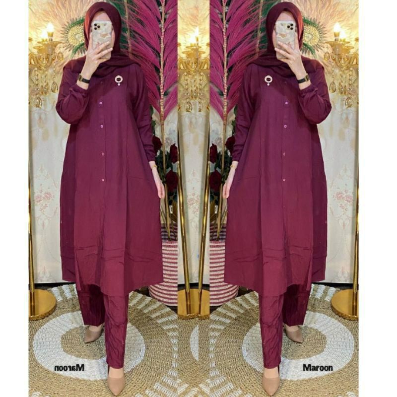 SETELAN TUNIK RAYON POLOS KANCING DEPAN STELAN MUSLIMAH LD 110