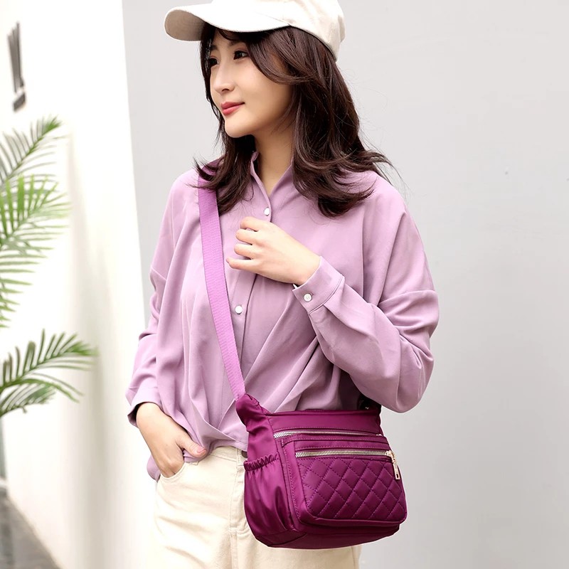 Tas Wanita Crossbody Tahan Air Nilon Kotak-kotak Messenger Bahu Tas Kasual Top-Handle Wanita