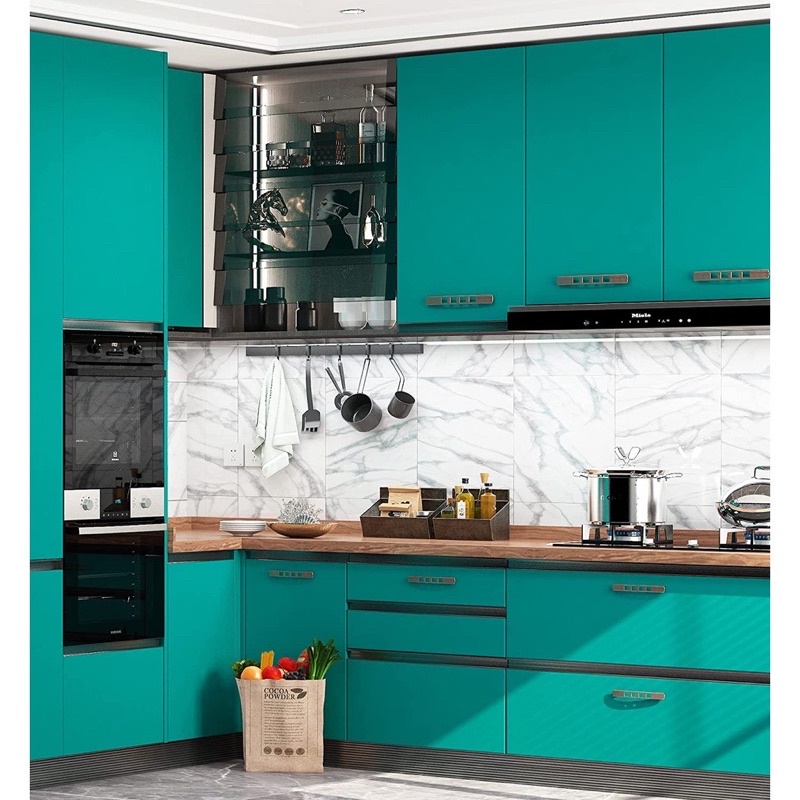 WALLPAPER & STIKER DINDING KAMAR MANDI & DINDING DAPUR MOTIF HIJAU TOSCA MUDA POLOS MODERN & ELEGAN 