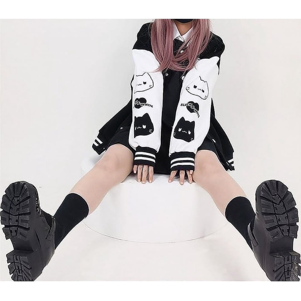BLACK WHITE BASEBALL OVERSIZE | SWEATSHIRT BASEBALL VARSITY OVERSIZE | SWEATER WANITA BASEBALL