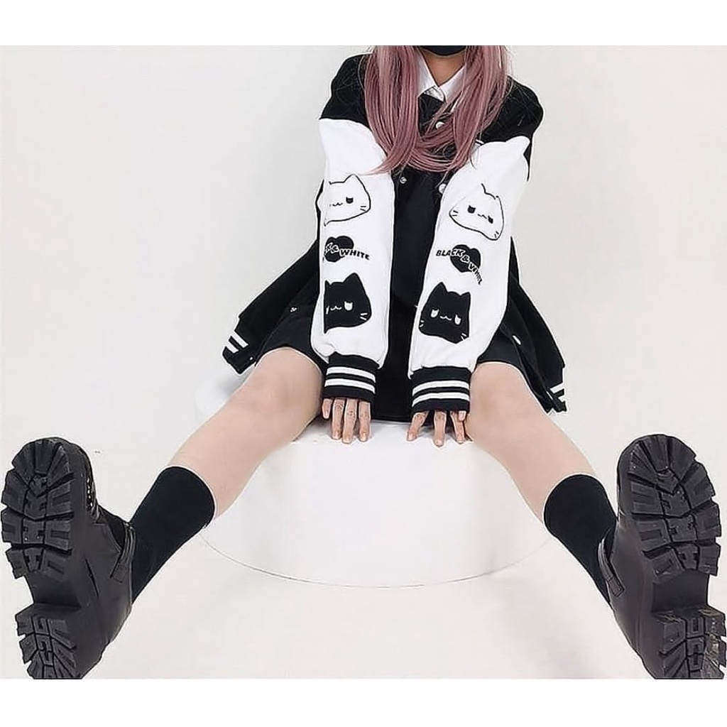 Sweater Wanita BLACK WHITE BASEBALL OVERSIZE | Jaket Basebal Wanita Lucu Oversize | Size M.L.XL Sweatshirt Style Korean