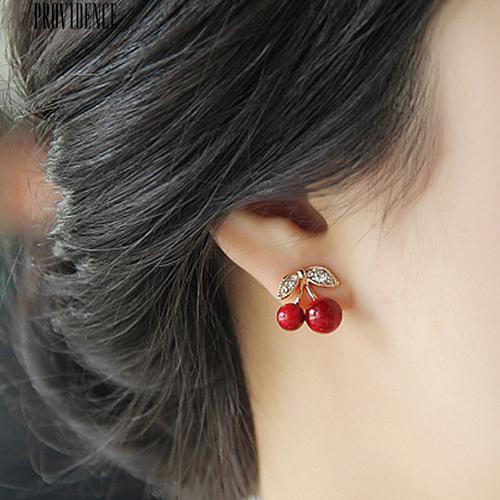 [Bayar Di Tempat]Anting Tusuk Bentuk Daun Cherry Batu Hias Berlian Merah