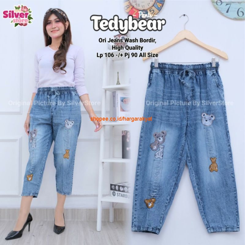 KOALA Pants Celana Boyfriend Jeans Bordir Pinggang Karet Dengan Aplikasi Sobek