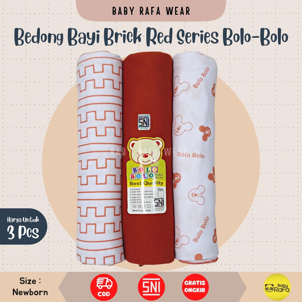 Serian Merah Bata - 3 pcs Bedong Bayi Bahan Kaos BRICK RED SERIES 110 x 90 cm Merk SNI Bolo - Bolo