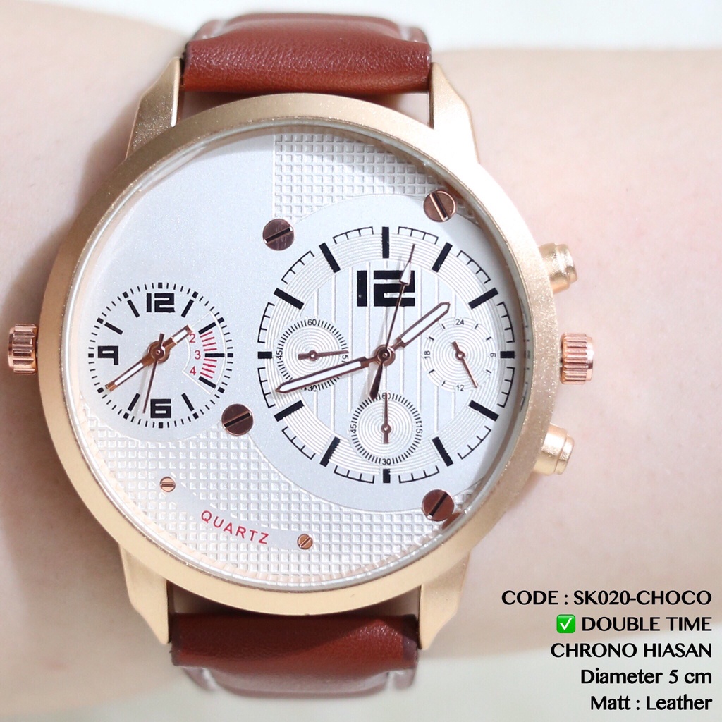 Jam tangan pria termurah dual time tali kulit leather grosir ecer premium watch SK022