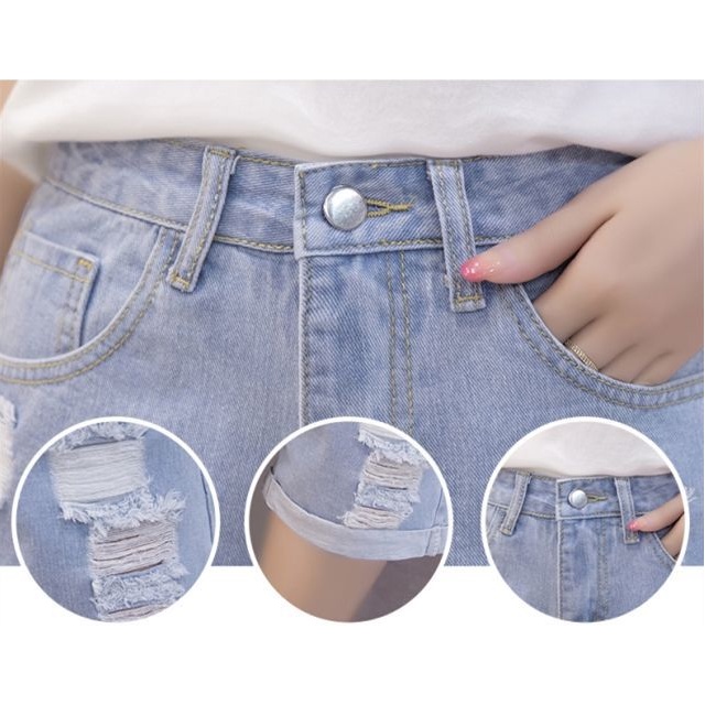 Celana pendek denim robek berpinggang tinggi versi Korea pakaian wanita hot pants kaki lebar longgar Cocok untuk semua usia