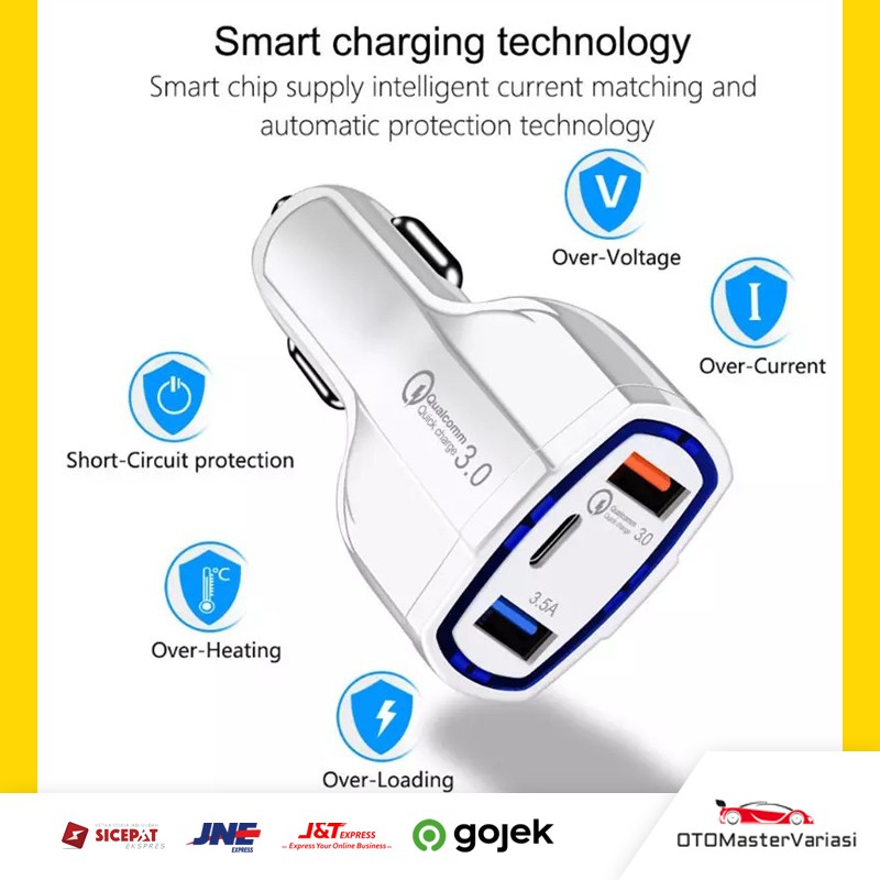 Charger Mobil Fast Charging 3 Port Car charger Type C Charger Motor Quick Charger 7A 35W Casan Mobil