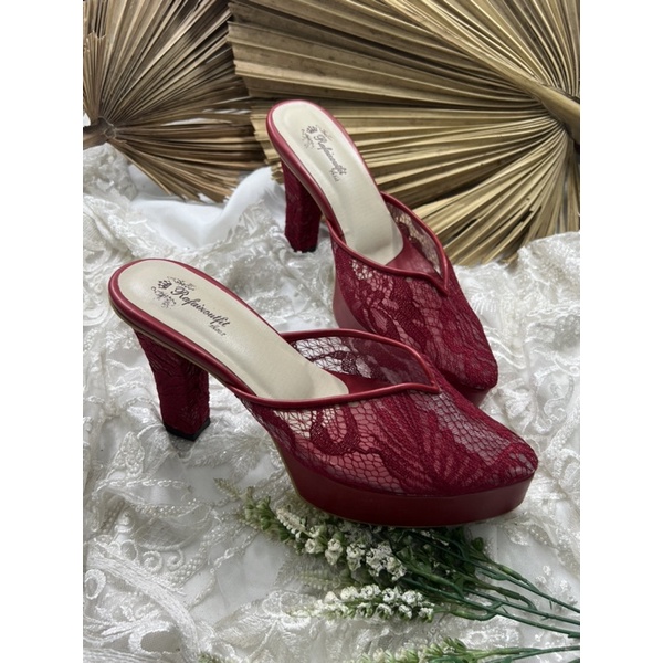 sepatu wedding rafaizoutfit yasmika merahmarron 10cm tahu