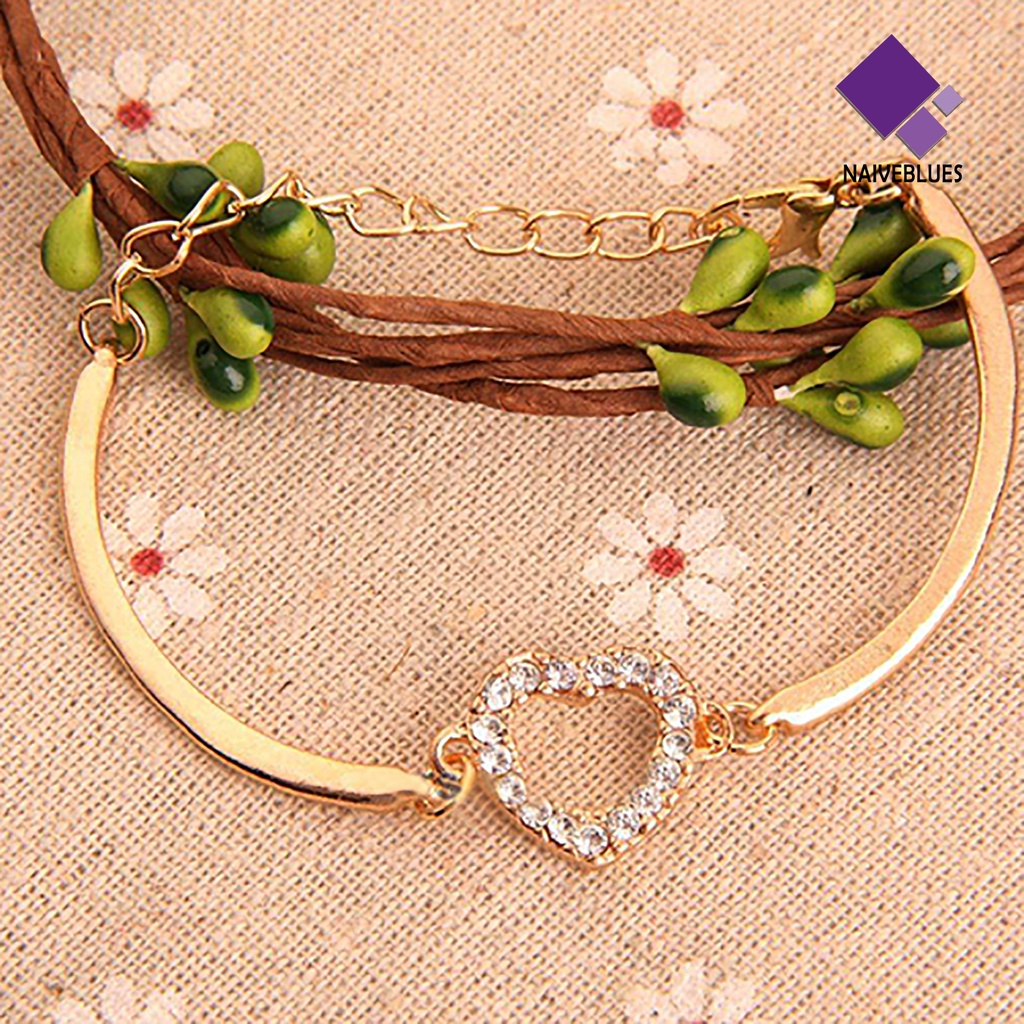 Naiveblue &gt; Gelang Tangan Rantai Adjustable Motif Hati Aksen Kristal + Berlian Imitasi Untuk Wanita