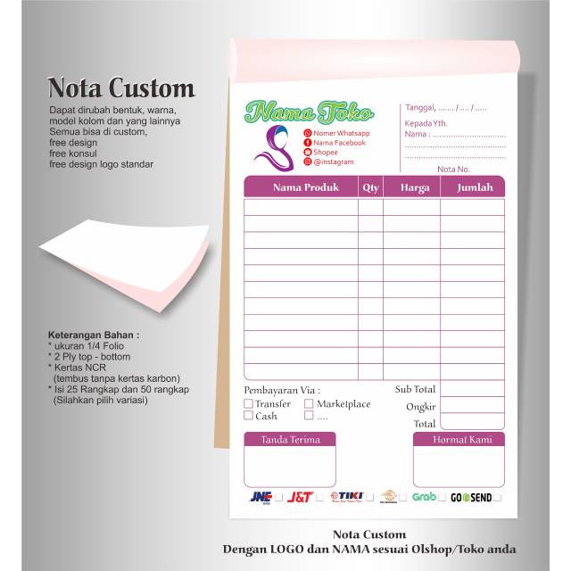 

NOTA OLSHOP CUSTOM/TOKO/INVOIVE/KWITANSI 1/4 FOLIO