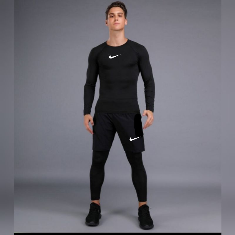 Set Baju Olahraga Manset Baselayer Kaos Manset Panjang Baselayer Legging 1set Setelan Baju Olahraga 