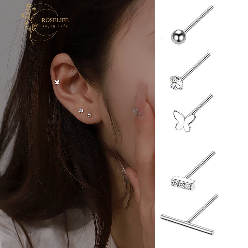 Roselife 5PCs / Set Anting Tusuk Silver S925 Bentuk Hati / Kupu-Kupu Aksen Kristal Anti Alergi Untuk Wanita