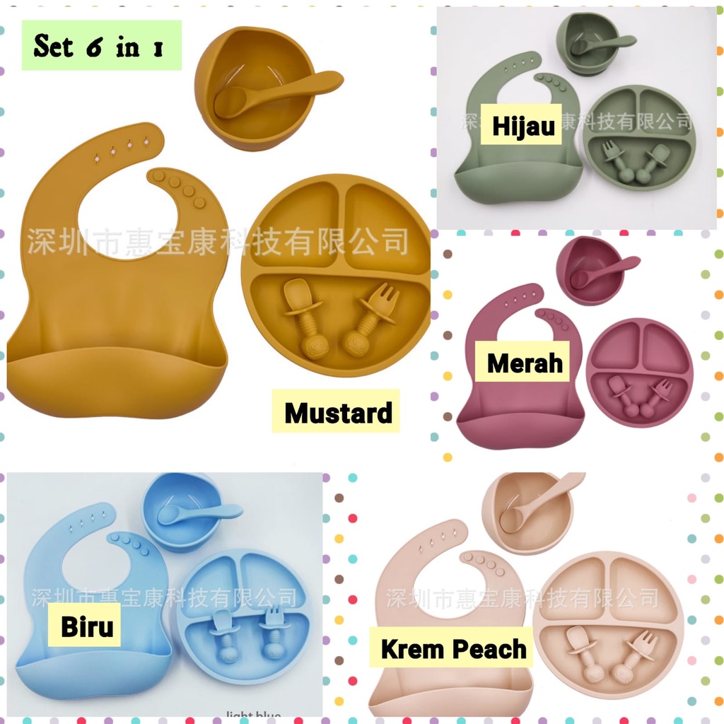 Set Alat Makan Bayi Silikon Peralatan Makan Bayi Silicon Bib Piring Sendok Mangkok Suction Set Food Grade Baby Feeding Mangkok Silikon Suction dengan Sendok Mpas Bayi