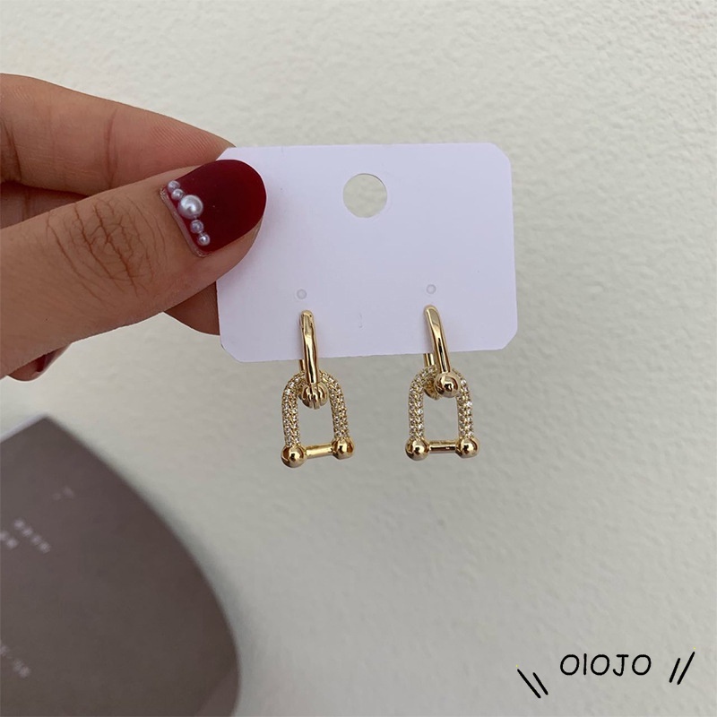 Fashion Bertatahkan Zirkon Berbentuk U Anting-Anting Emas Cincin Ganda Saling Geometris Dilepas Retro Telinga Stud Minoritas Perhiasan Untuk Wanita - ol