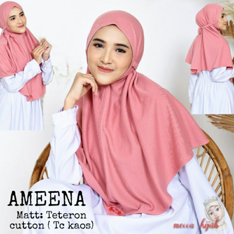 (ORI MECCA) AMEENA JILBAB INSTAN TALI BAHAN KAOS TC/ KHIMAR TALI/ HIJAB/ KERUDUNG/BERGO KAOS