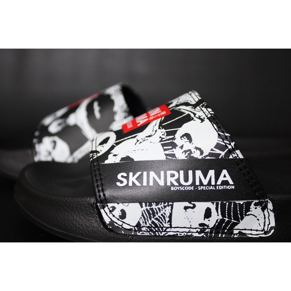 Sendal Selop Pria Wanita Distro Boyscode X Skinruma Black Skull / Sendal Slip On Pria / Sendal Slide Pria / Sendal Slop Pria