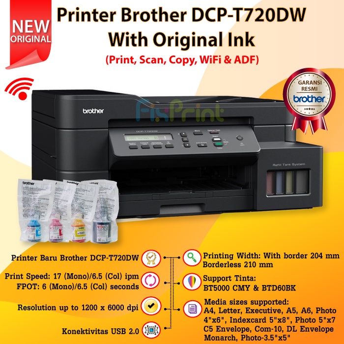 Printer Brother DCP-T520W T520 T220 T420 T420w T720 T720w WiFi Print Scan Copy Tinta D60Bk BT5000