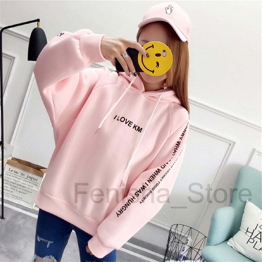 FenishaStore Sweater Hoodie Wanita I LOVE KM Lengan Panjang Size M L XL XXL-Bisa Bayar Ditempat COD