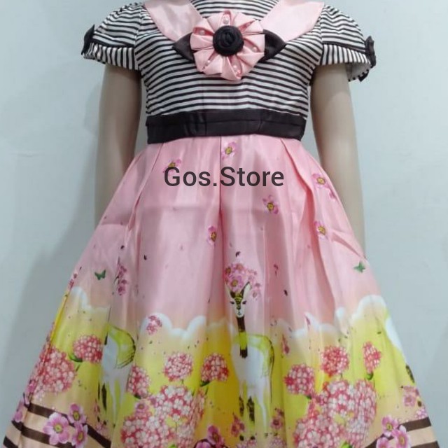 gos DRESS SATEN NIKITA GARIS BUNGA 3922 Dress pakaian anak perempuan