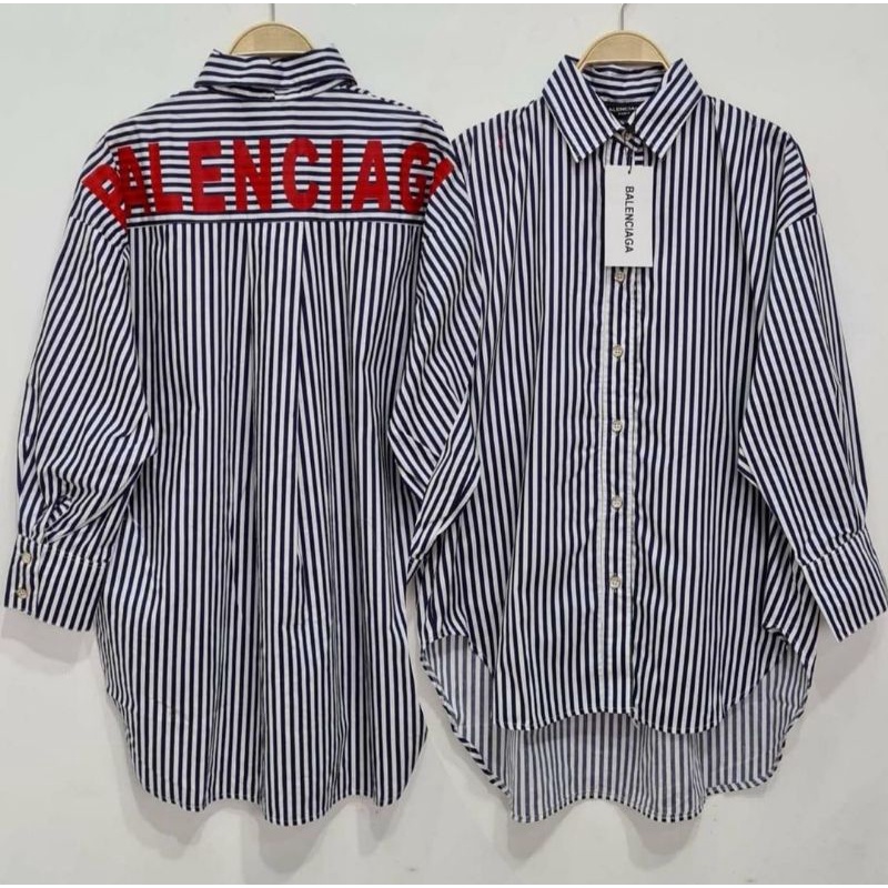 Balenciaga | Atasan Kemeja Over Size Kekinian Motif Salur Cantik | Kemeja Balenciaga