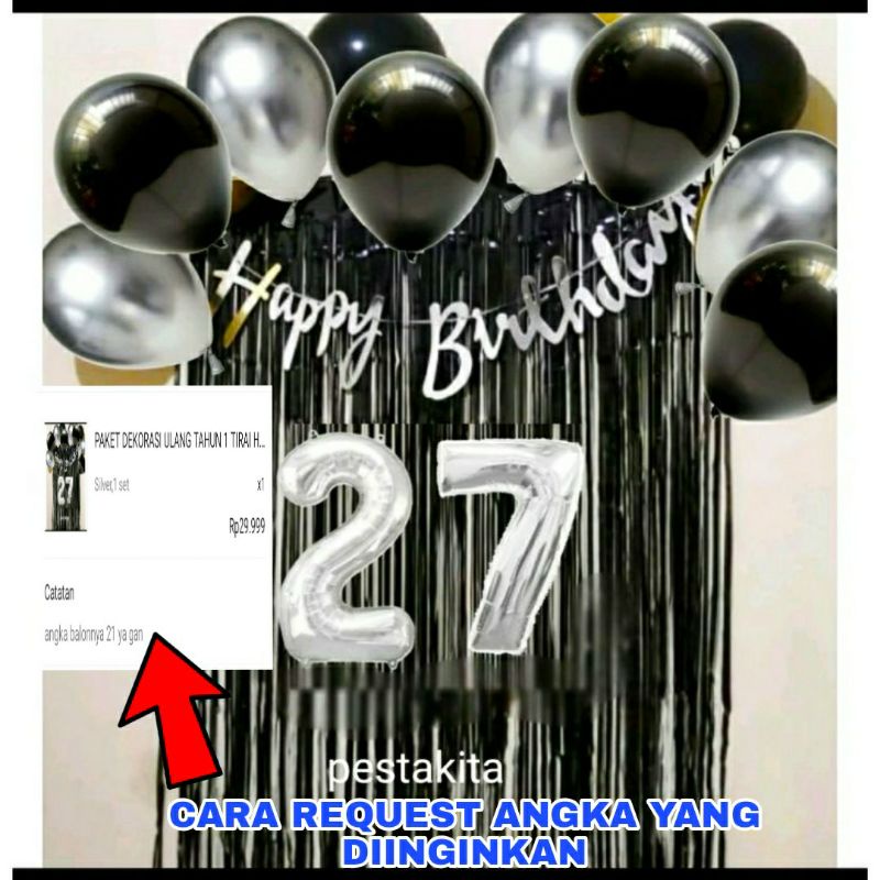 PAKET DEKORASI ULANG TAHUN 1 TIRAI HITAM 1 BANNER LATIN 2 ANGKA 40CM 10 LATEX METALIK 12 INCH