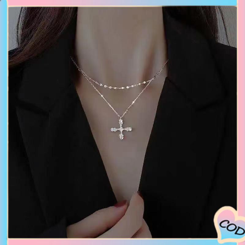 COD❤️ Hip Hop Cross Double Layer Necklace Feminin Fashion Micro Inlaid Zircon Pendant-A.one